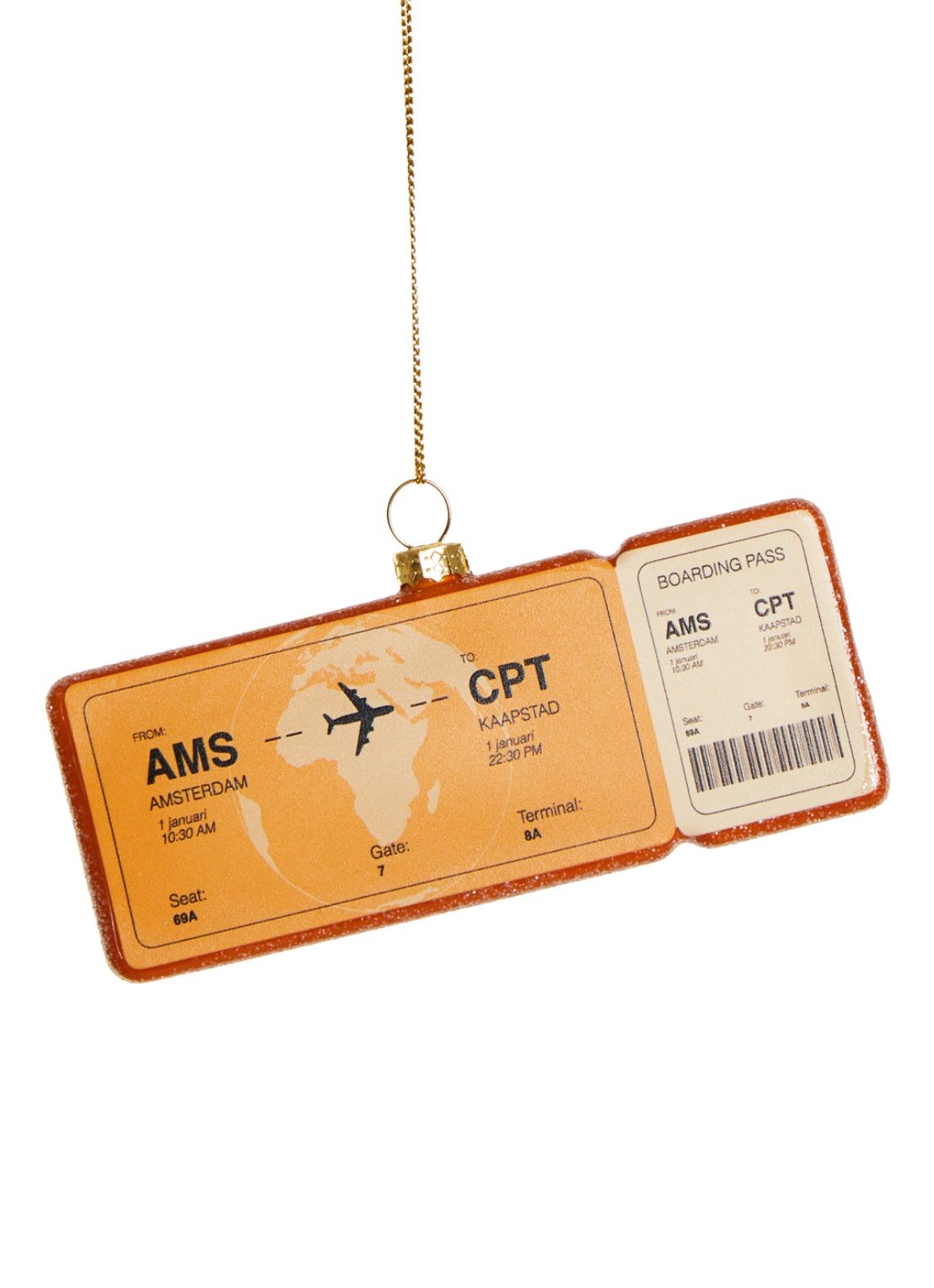 Yup in de Boom Boardingpass Amsterdam - Kaapstad kersthanger 1,5 cm - voorkant orange