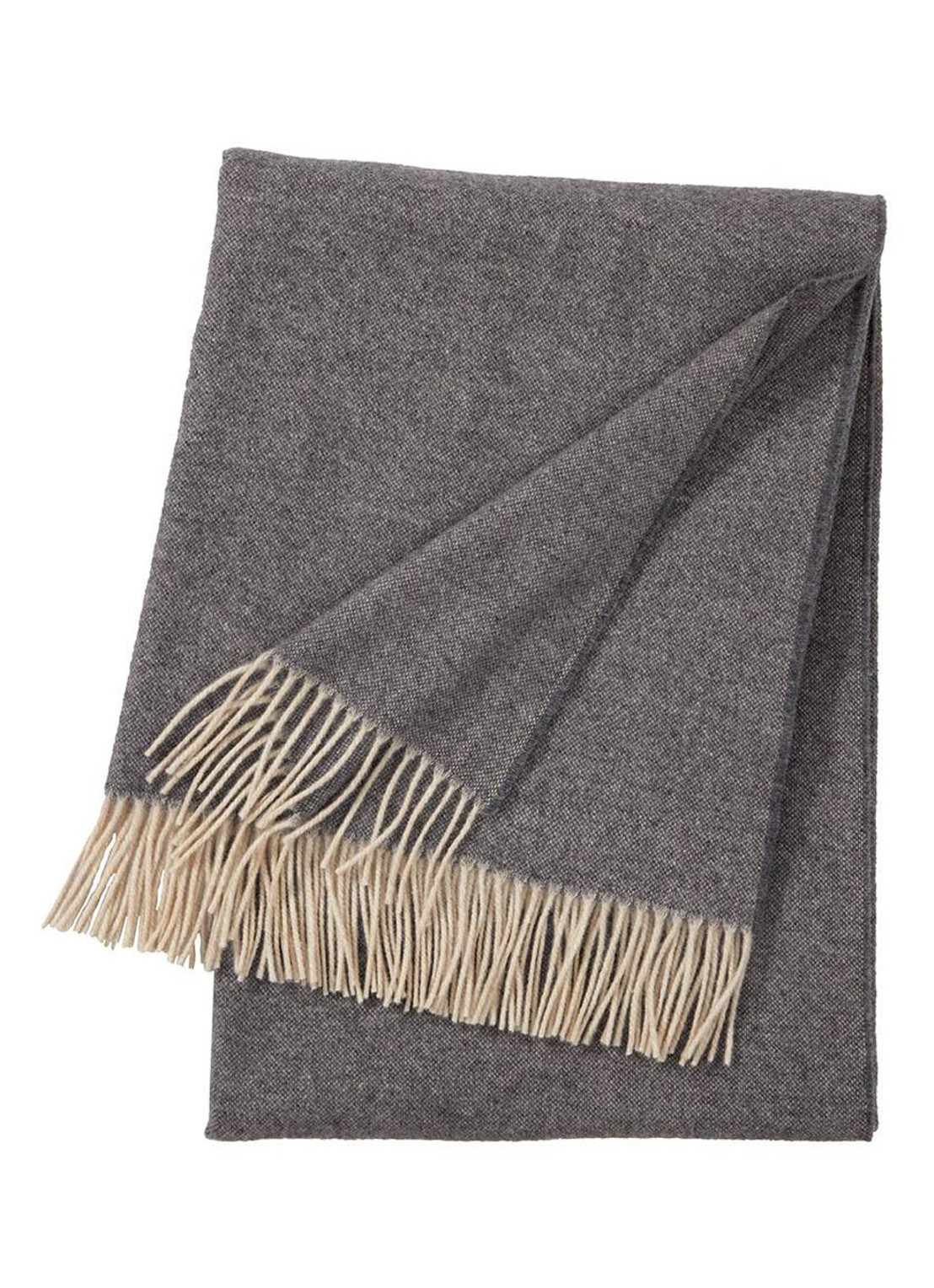 Yves Delorme Club plaid van wol met franjes 130 x 170 cm - voorkant 3 lichtgrijs