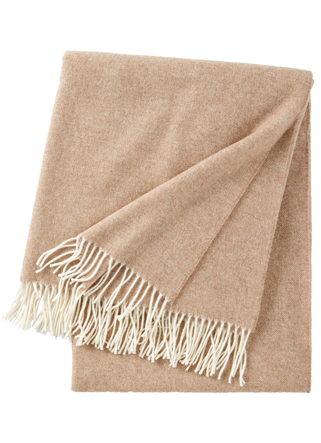 Yves Delorme Club plaid van wol met franjes 130 x 170 cm - voorkant beige