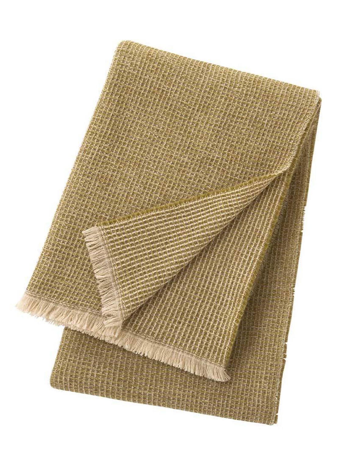 Yves Delorme Cosy plaid van scheerwol met franjes 130 x 170 cm - voorkant zand
