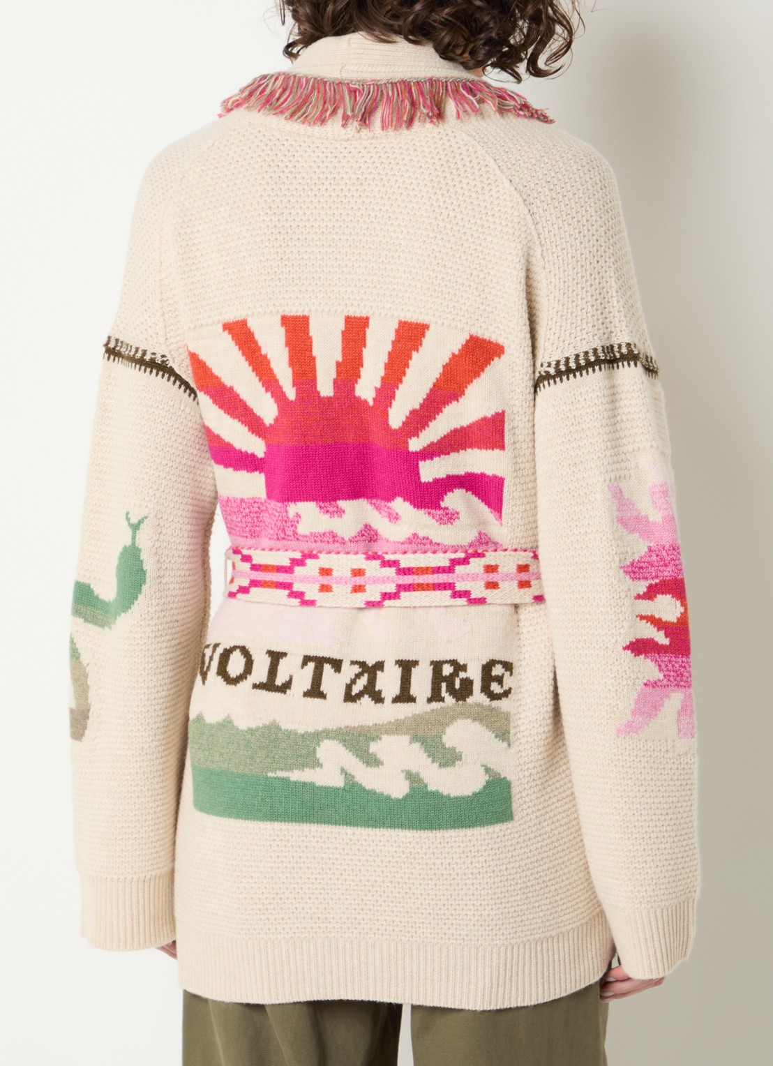 Zadig&Voltaire Alpa grofgebreid vest in kasjmier wolblend met ingebreide print - achterkant beige
