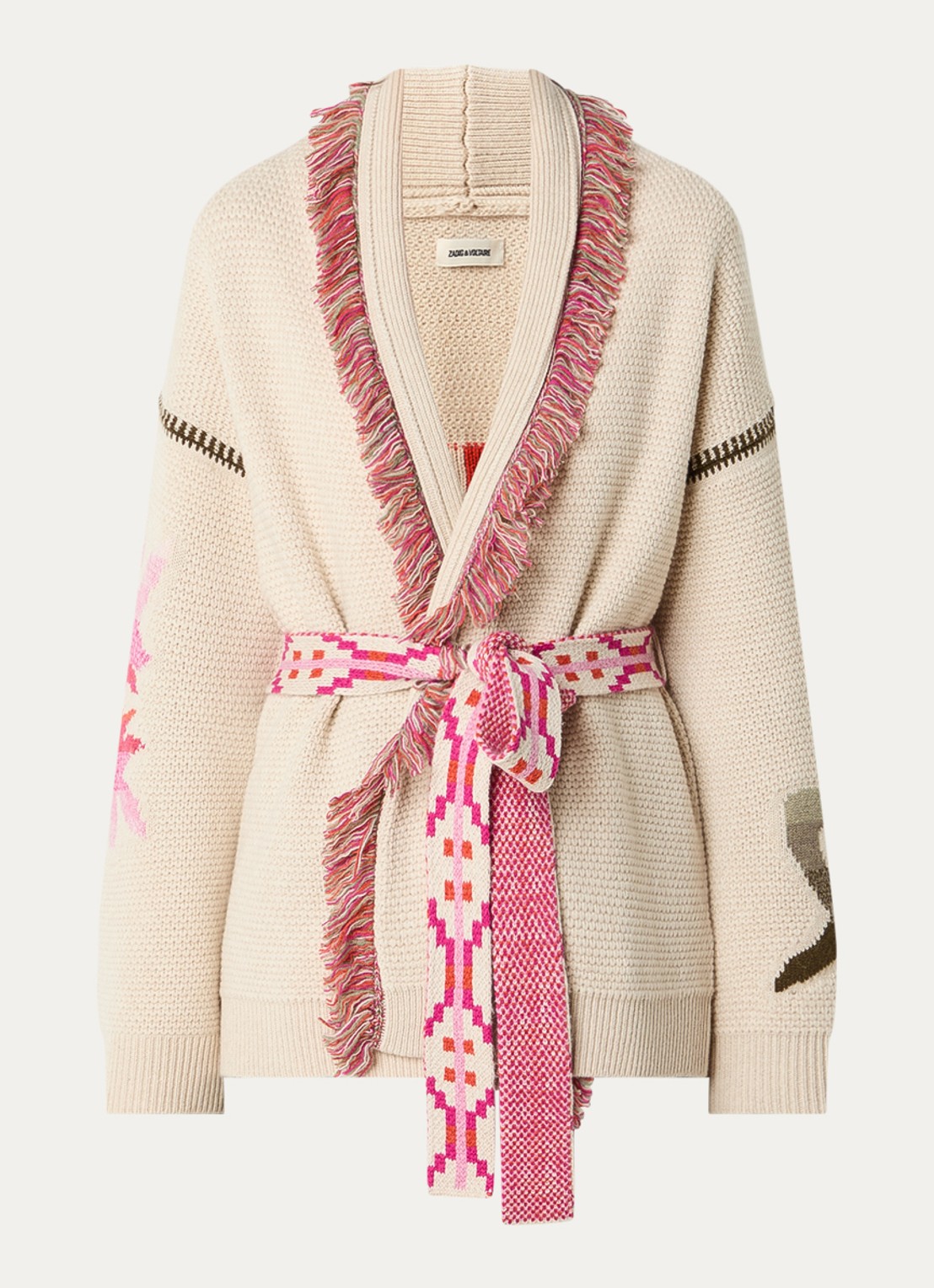 Zadig&Voltaire Alpa grofgebreid vest in kasjmier wolblend met ingebreide print - voorkant 3 beige