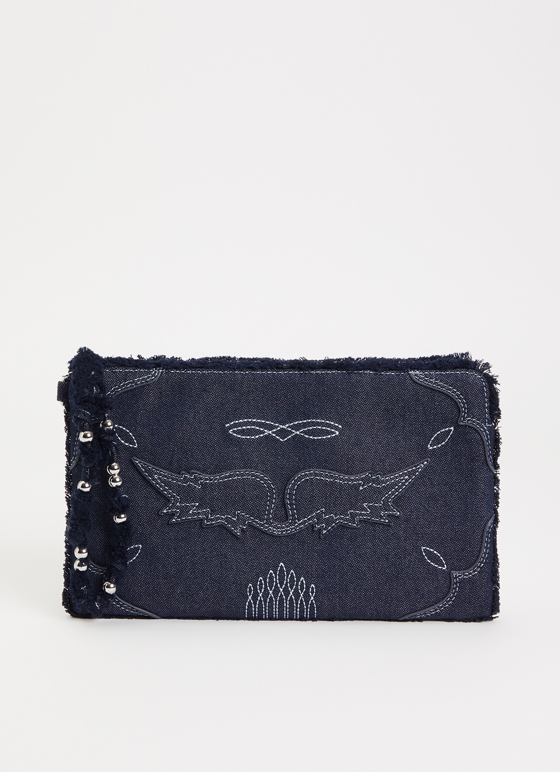 Zadig&Voltaire Angle clutch van denim met borduring - voorkant indigo