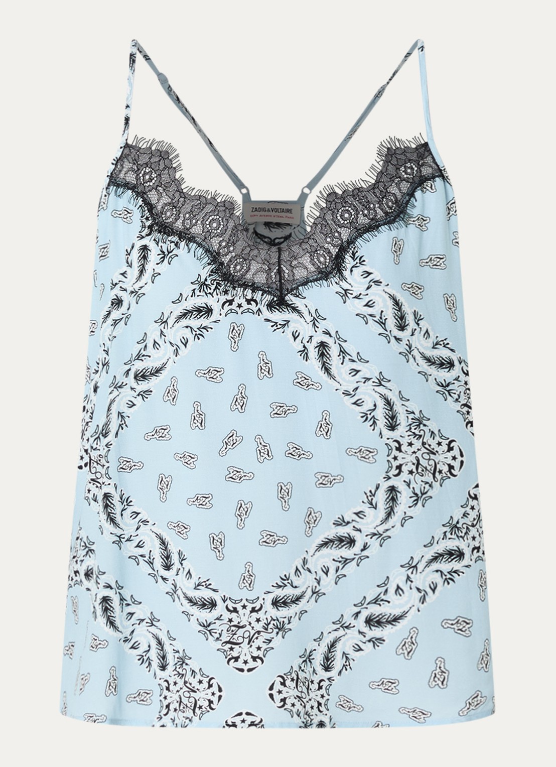 Zadig&Voltaire Cespa spaghettitop met paisley dessin en details van kant - voorkant 3 lichtblauw