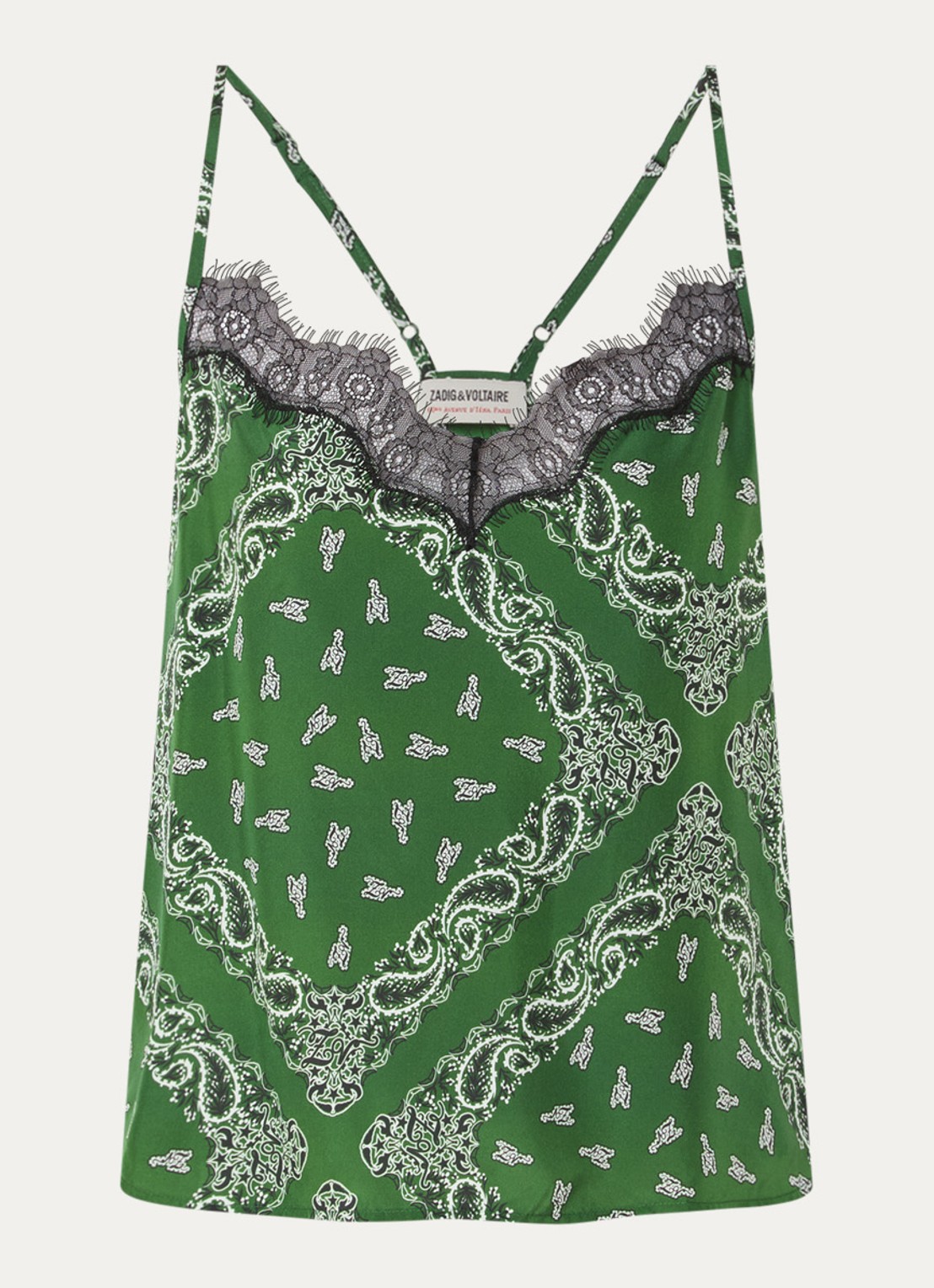 Zadig&Voltaire Cespa spaghettitop van zijde met details van kant en paisley dessin - voorkant groen