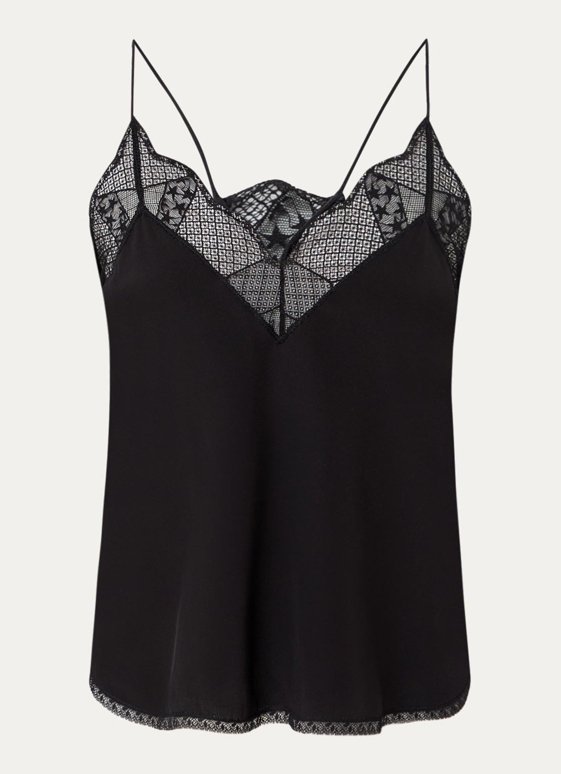 Zadig&Voltaire Christy spaghetti top van zijde met bies van kant - voorkant 2 zwart