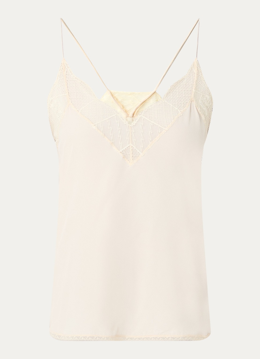 Zadig&Voltaire Christy spaghetti top van zijde met bies van kant - voorkant 3 gebroken wit