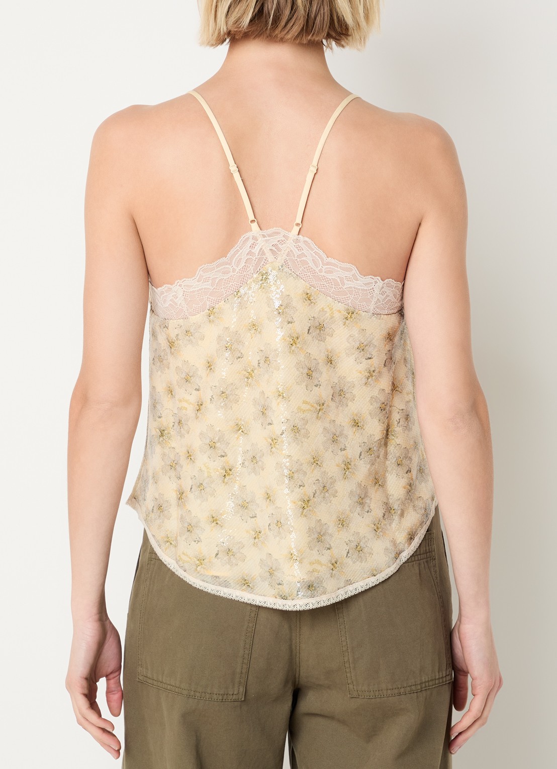 Zadig&Voltaire Christy spaghettitop met pailletten en kanten details - achterkant vanillegeel