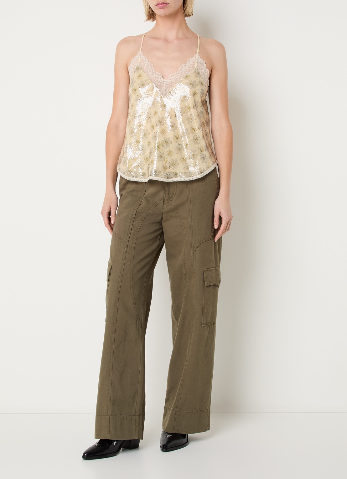 Zadig&Voltaire Christy spaghettitop met pailletten en kanten details - voorkant 4 vanillegeel