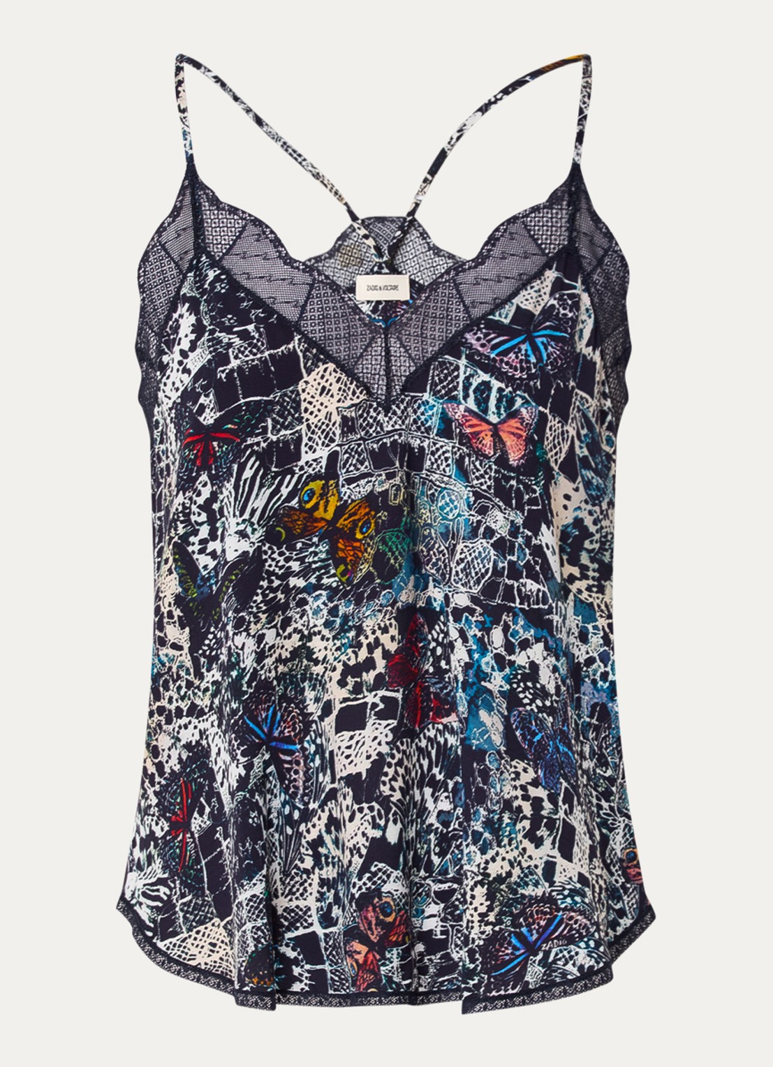 Zadig&Voltaire Christy spaghettitop met print en details van kant - voorkant 3 donkerblauw