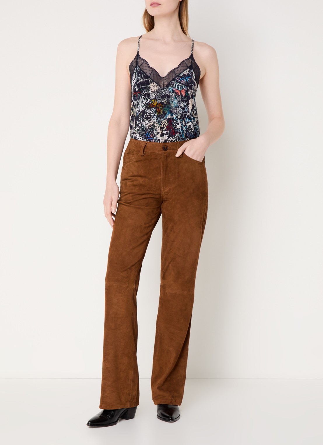 Zadig&Voltaire Christy spaghettitop met print en details van kant - voorkant 4 donkerblauw