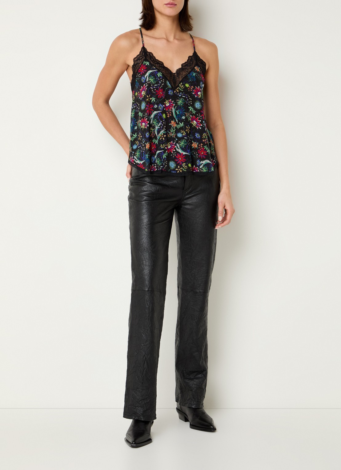Zadig&Voltaire Christy top met bloemenprint en details van kant - voorkant 4 zwart