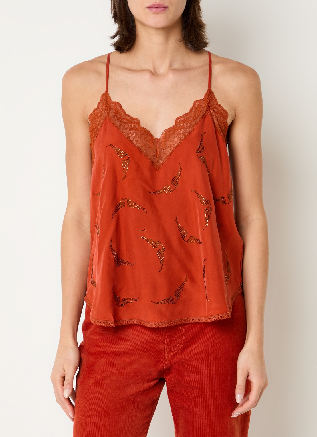Zadig&Voltaire Christy top van satijn met strass en details van kant - detail 4 oranjerood