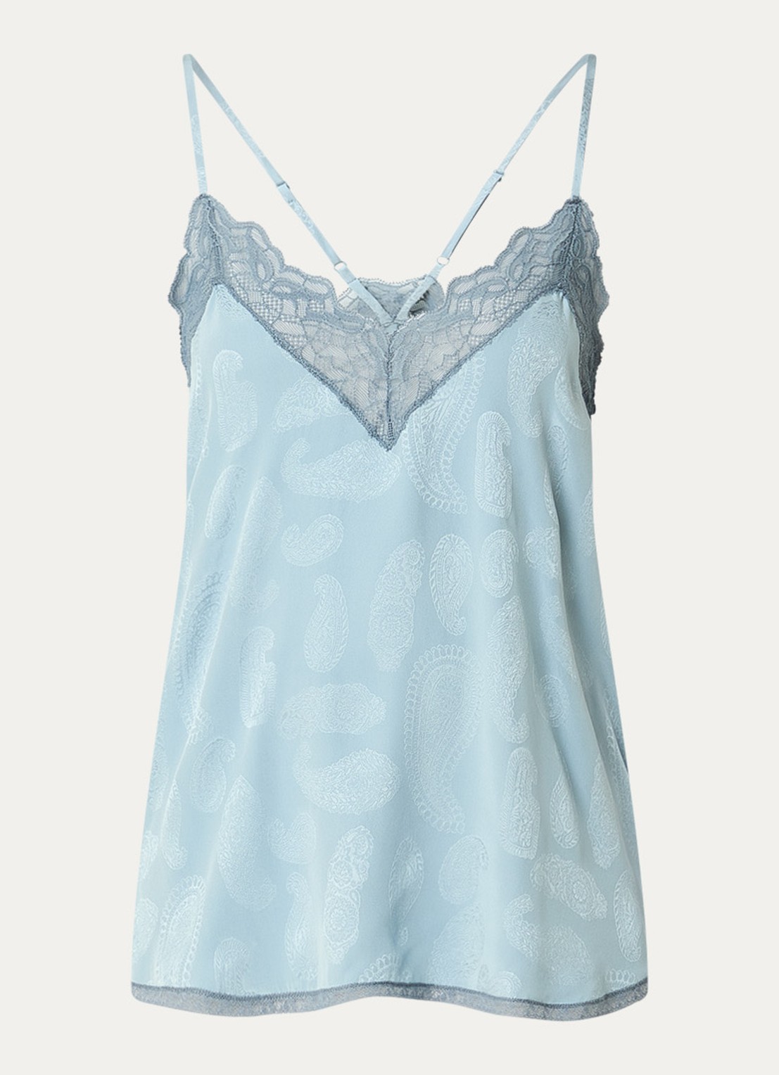 Zadig&Voltaire Christy top van zijde met details van kant - voorkant lichtblauw