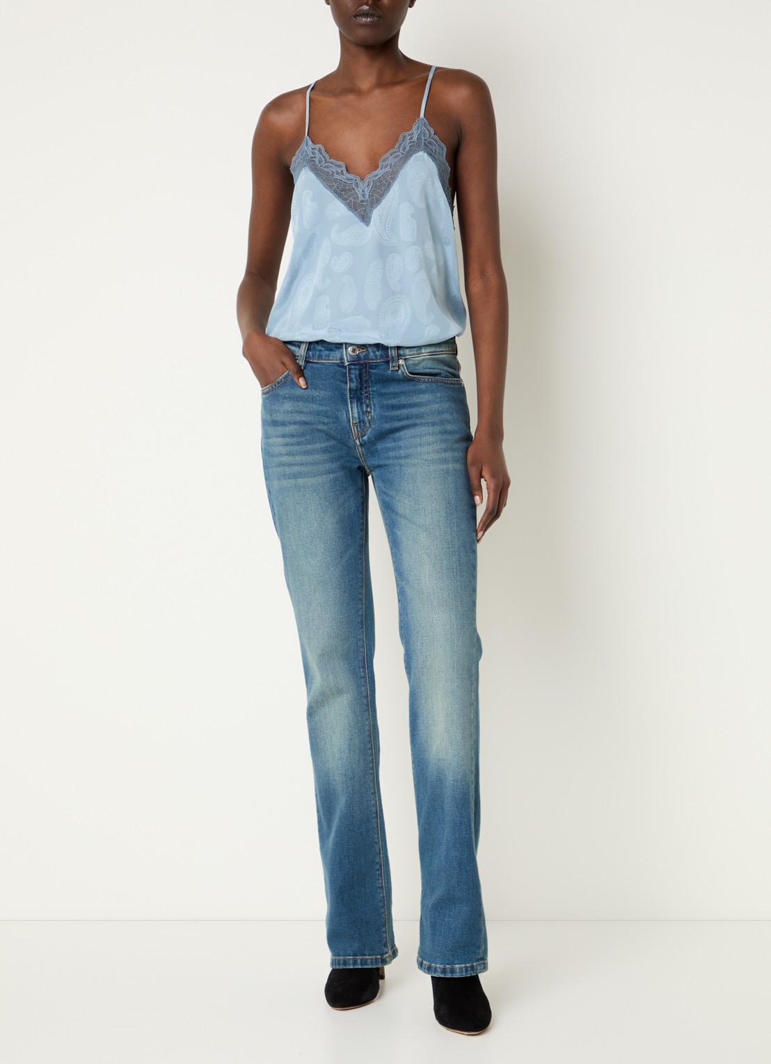 Zadig&Voltaire Christy top van zijde met details van kant - voorkant 2 lichtblauw