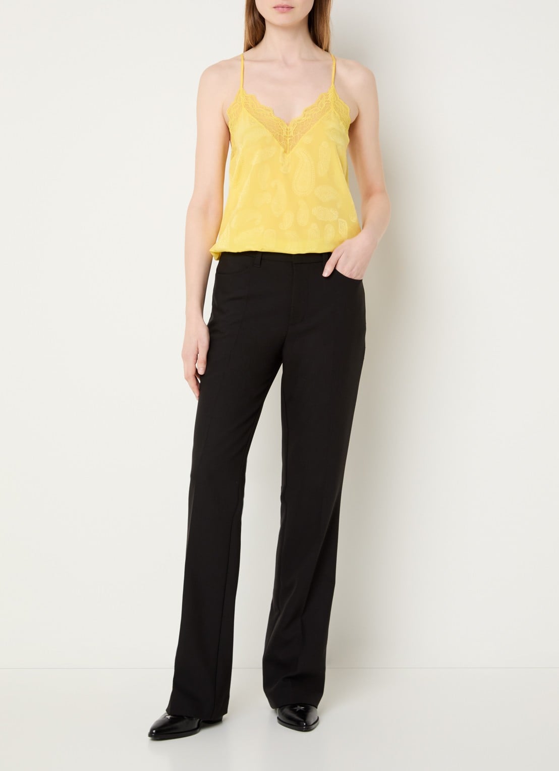 Zadig&Voltaire Christy top van zijde met details van kant - voorkant 2 geel