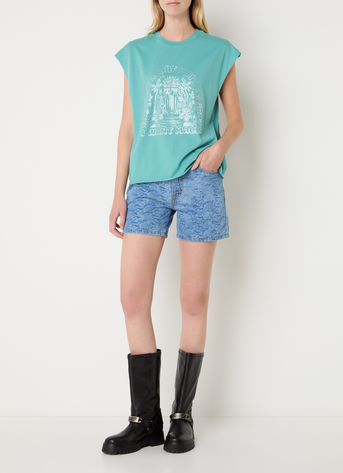 Zadig&Voltaire Cloe Cascade T-shirt met print en strass - voorkant 2 turquoise