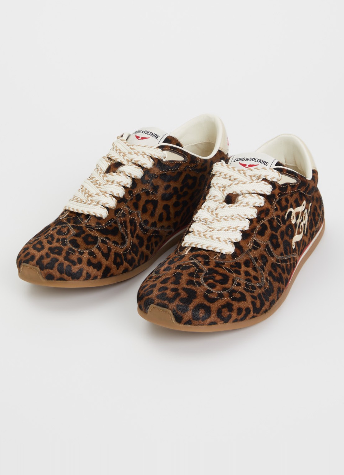 Zadig&Voltaire Dance Leo Pony sneaker van leer met panterprint - detail camel
