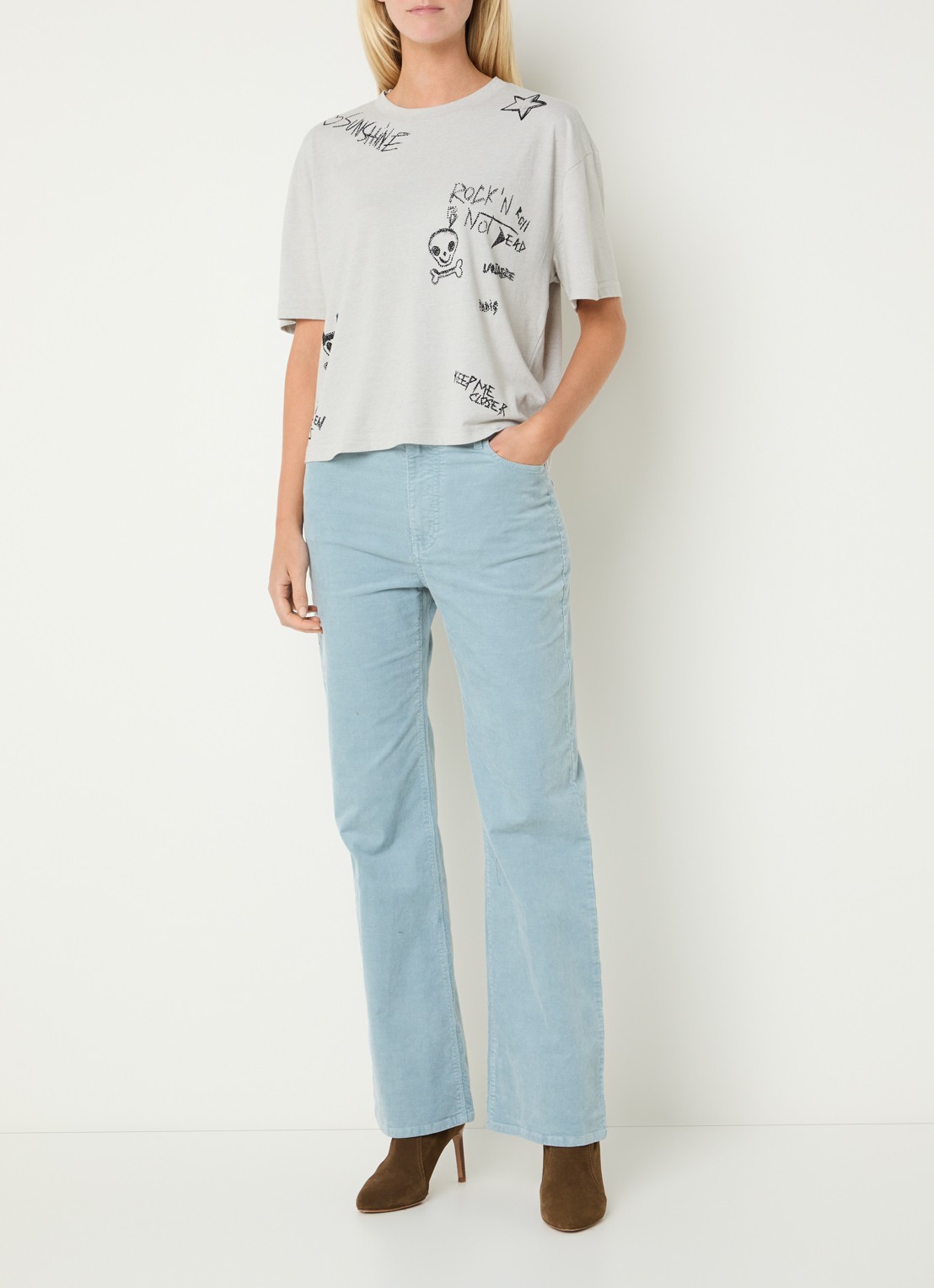 Zadig&Voltaire Evy high waist flared fit chino van corduroy met steekzakken - voorkant 3 lichtblauw