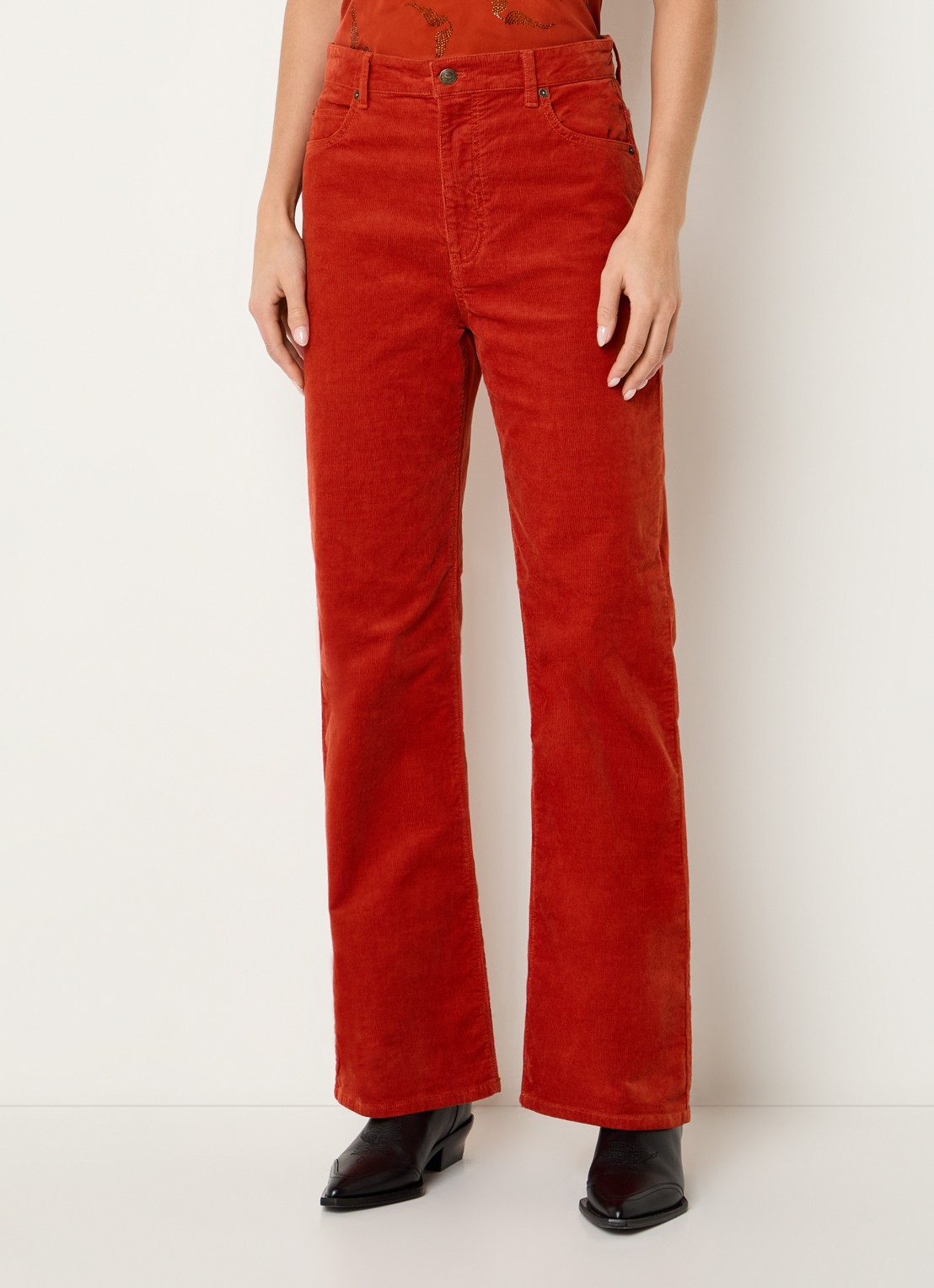 Zadig&Voltaire Evy high waist straight fit chino van corduroy met steekzakken - detail 4 oranjerood
