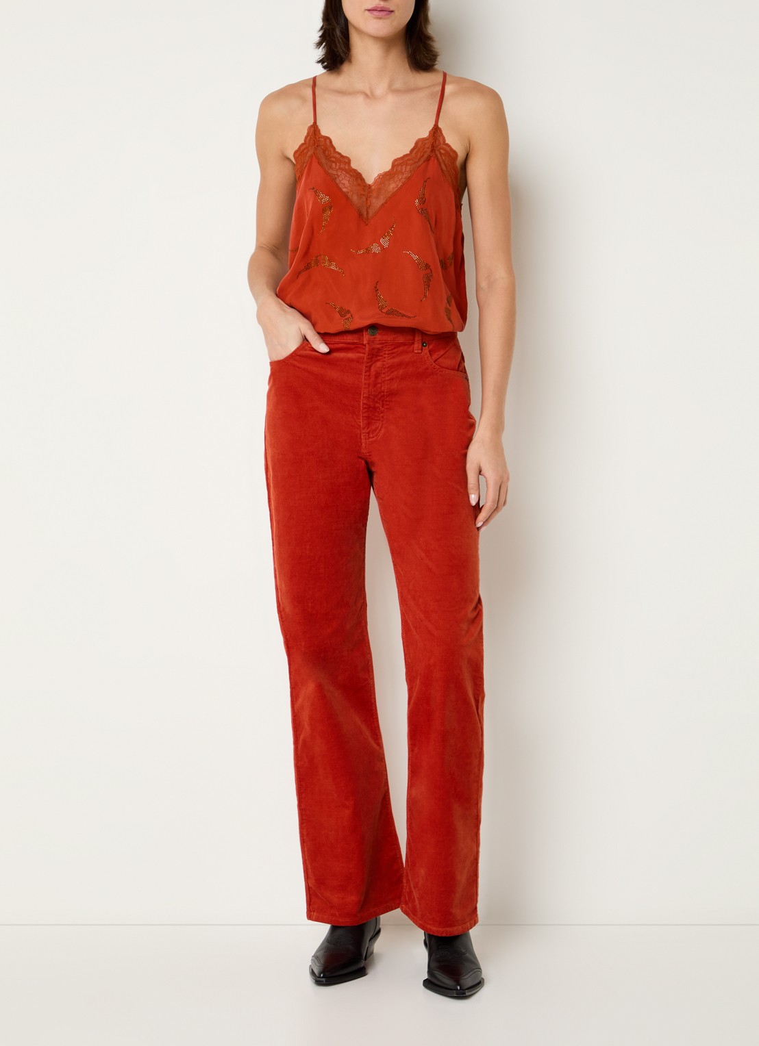 Zadig&Voltaire Evy high waist straight fit chino van corduroy met steekzakken - voorkant 2 oranjerood