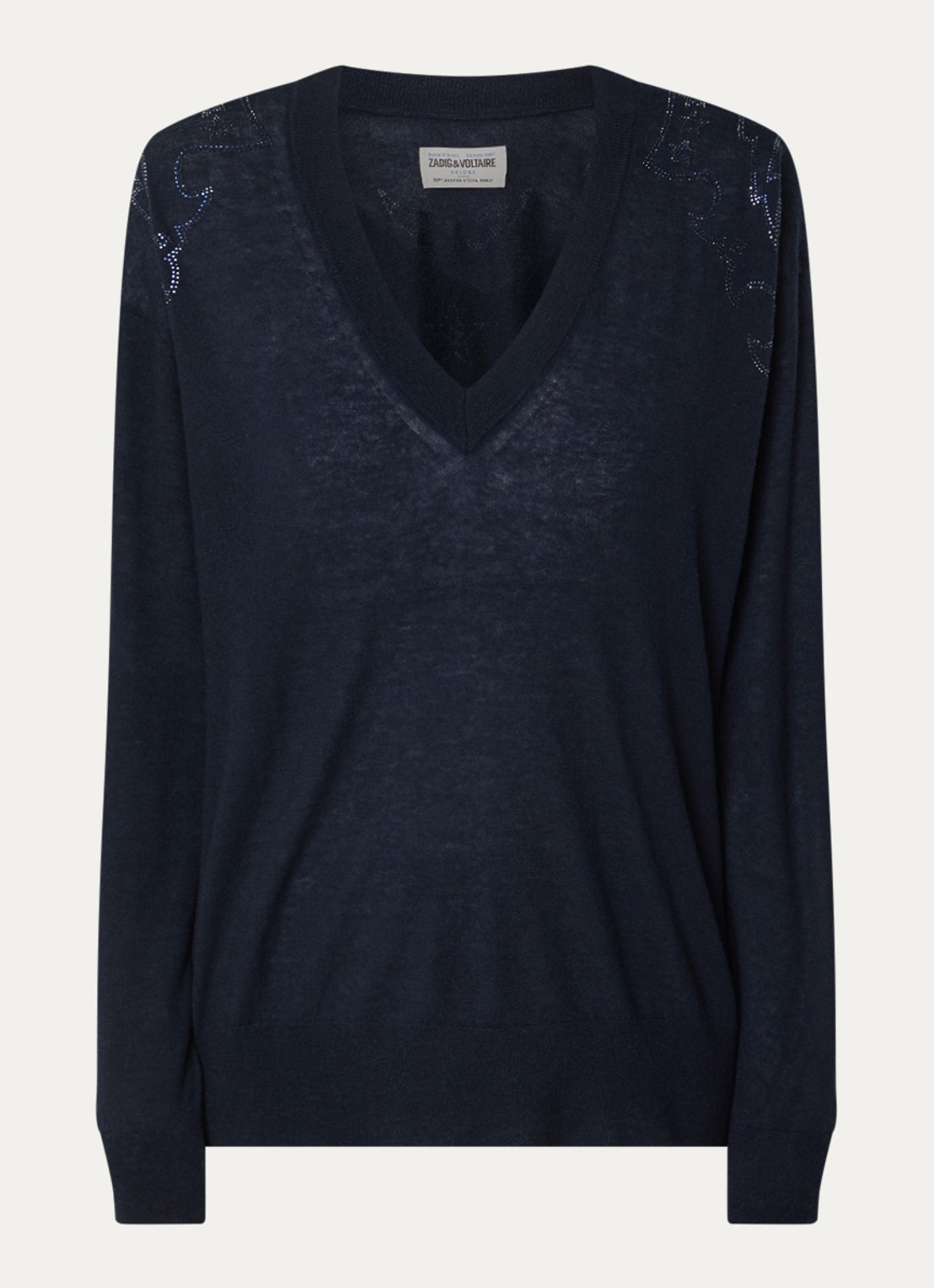 Zadig&Voltaire Fijngebreide pullover van kasjmier met strass - voorkant donkerblauw