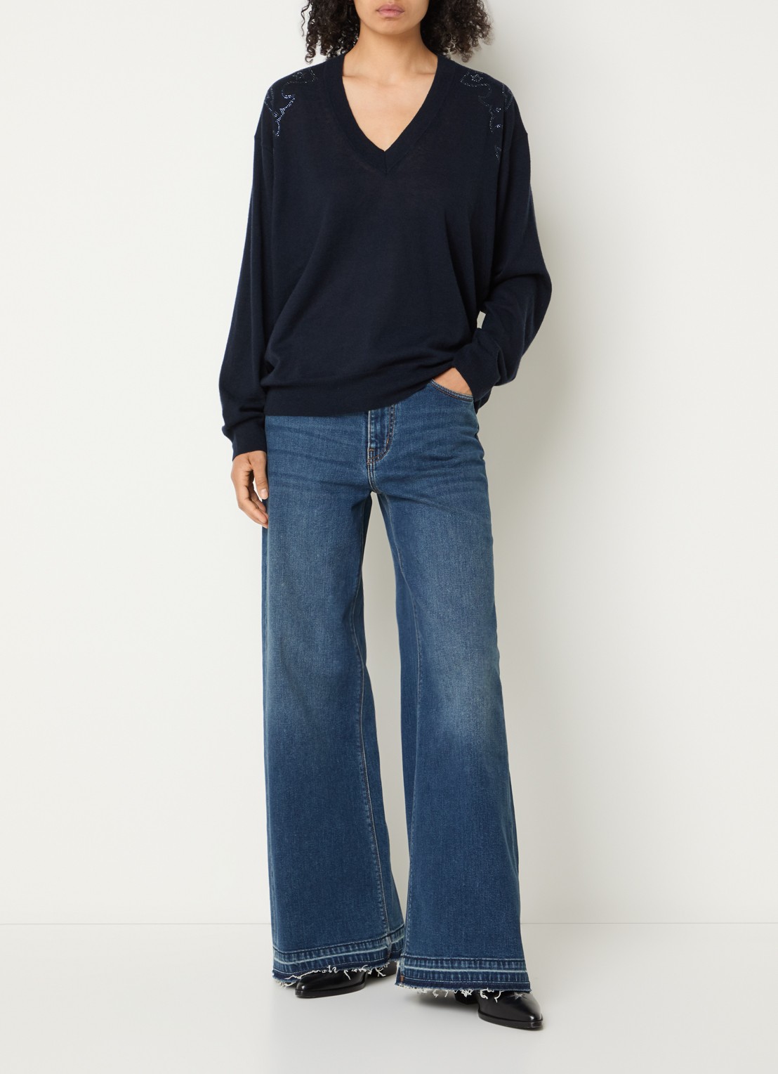 Zadig&Voltaire Fijngebreide pullover van kasjmier met strass - voorkant 2 donkerblauw