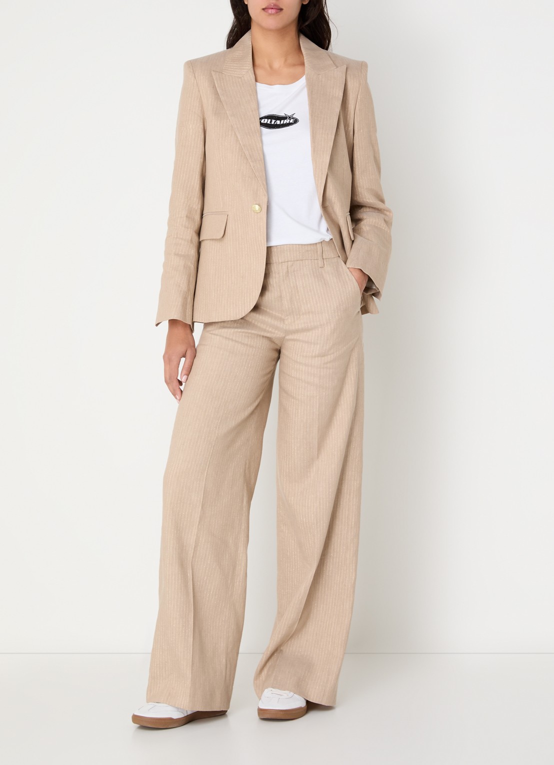 Zadig&Voltaire High waist wide fit pantalon met streepprint en lurex - voorkant 4 beige