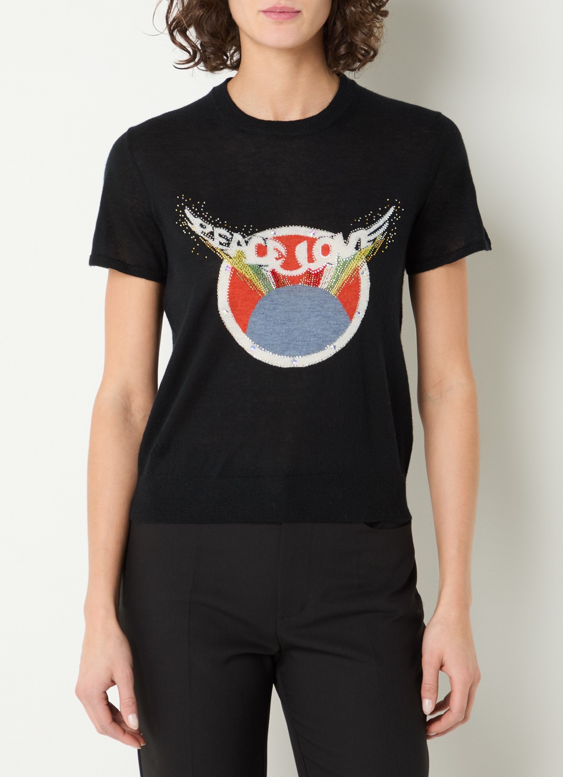 Zadig&Voltaire Idal fijngebreid T-shirt van kasjmier met ingebreide print en strass - detail zwart