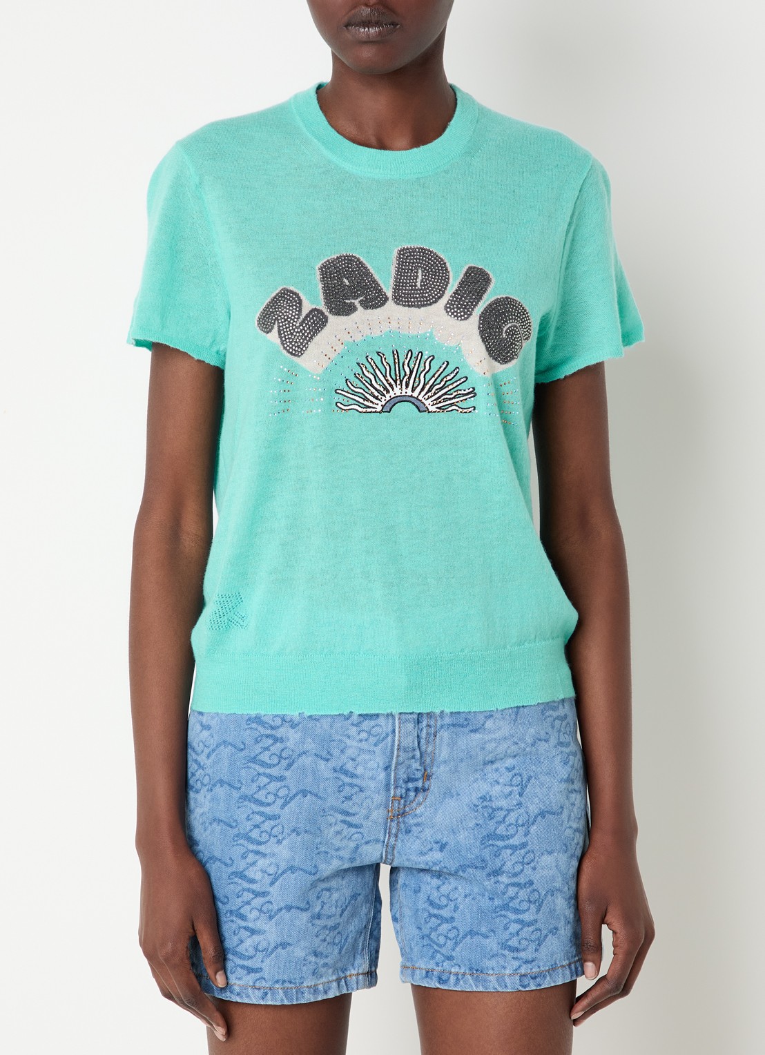 Zadig&Voltaire Idal fijngebreide trui van kasjmier met logo en strass - detail 2 turquoise