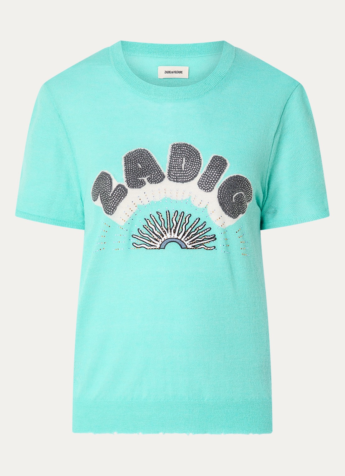 Zadig&Voltaire Idal fijngebreide trui van kasjmier met logo en strass - voorkant 3 turquoise