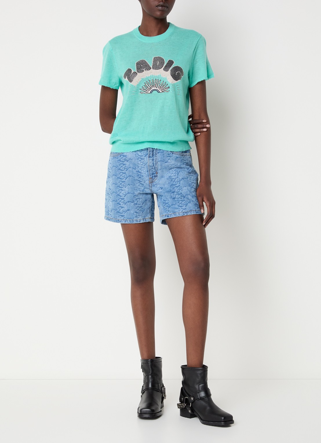Zadig&Voltaire Idal fijngebreide trui van kasjmier met logo en strass - voorkant 4 turquoise