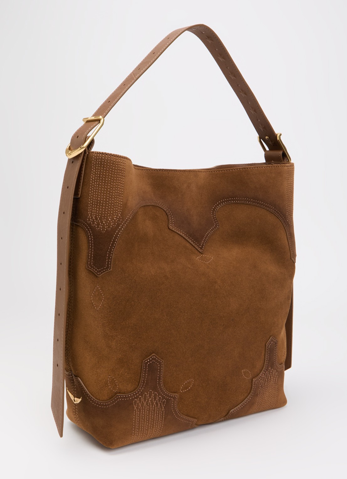Zadig&Voltaire Jane Hobo Weste schoudertas van suède met details van leer en verstelbare schouderriem - achterkant 4 cognac