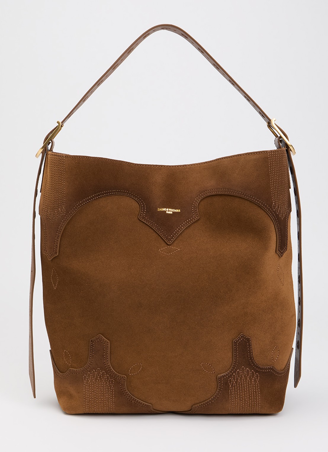 Zadig&Voltaire Jane Hobo Weste schoudertas van suède met details van leer en verstelbare schouderriem - voorkant 5 cognac