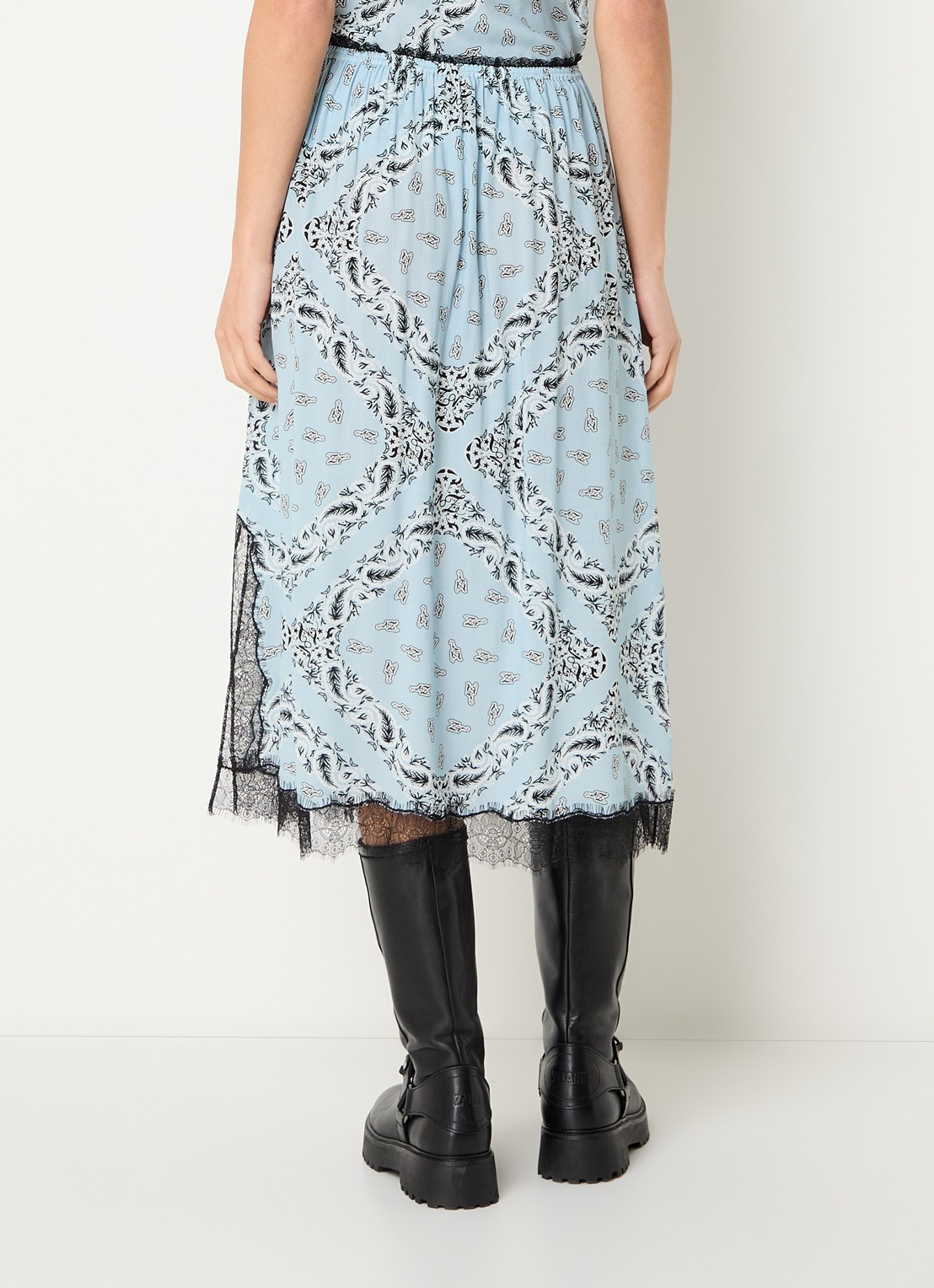 Zadig&Voltaire Jarvis midi rok met paisley dessin en split - achterkant 3 lichtblauw
