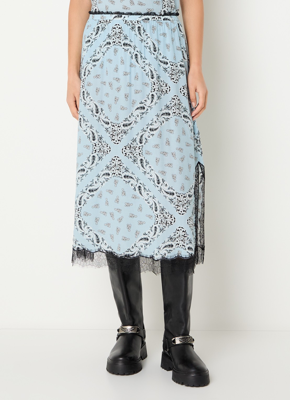 Zadig&Voltaire Jarvis midi rok met paisley dessin en split - detail 4 lichtblauw
