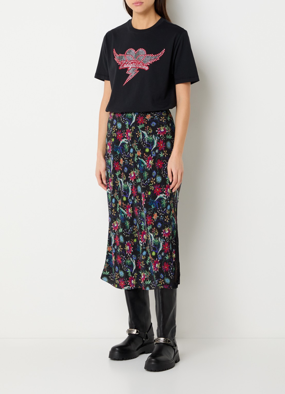 Zadig&Voltaire Jayla midi rok met bloemenprint en details van kant - voorkant 3 zalmroze
