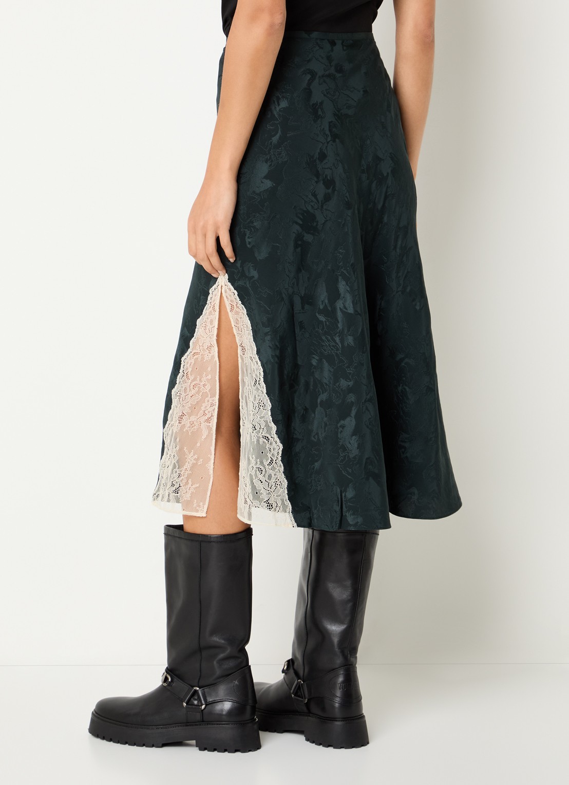 Zadig&Voltaire Jayla midi rok van zijde met print en details van kant - achterkant petrol