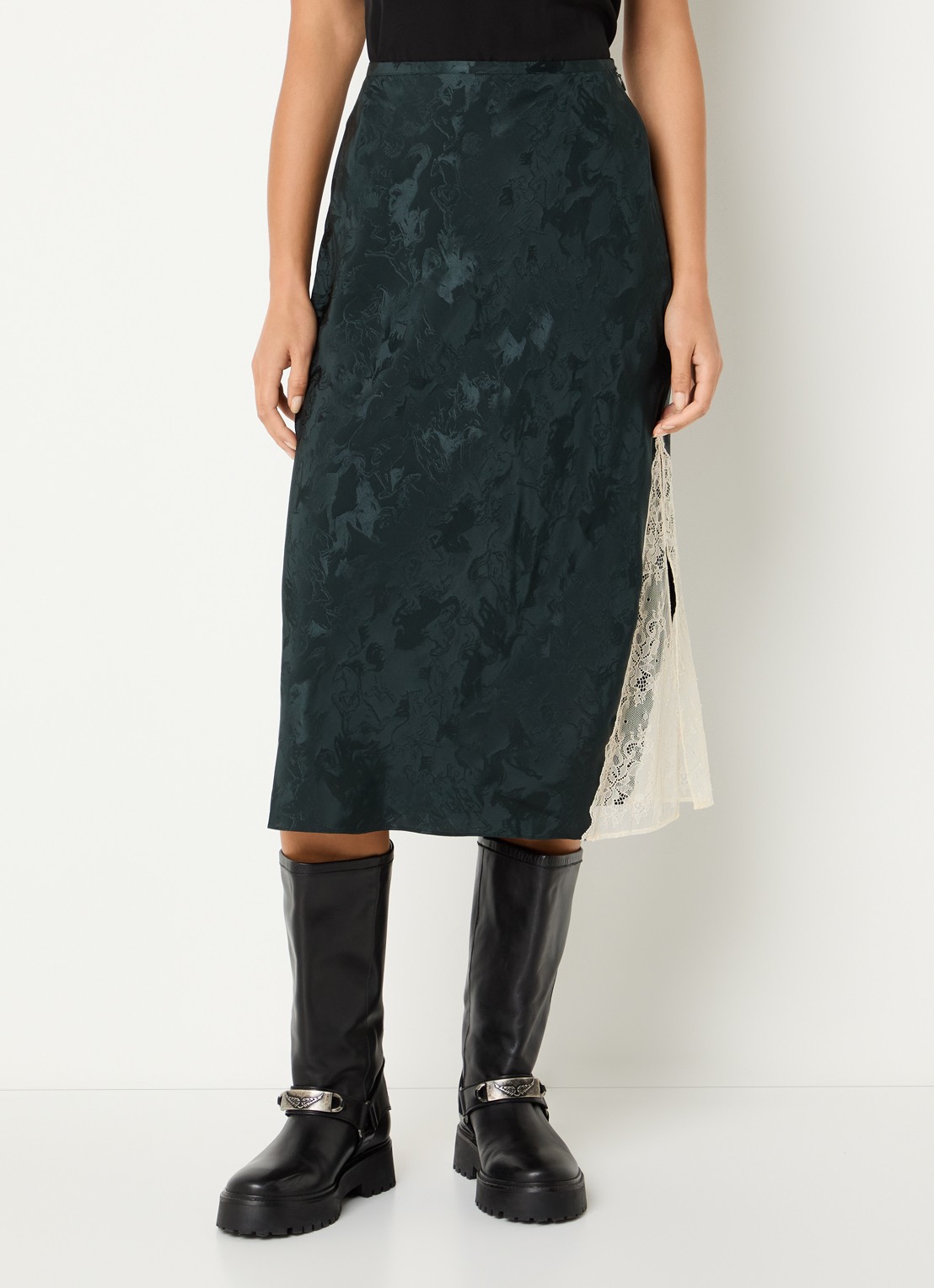 Zadig&Voltaire Jayla midi rok van zijde met print en details van kant - detail 2 petrol