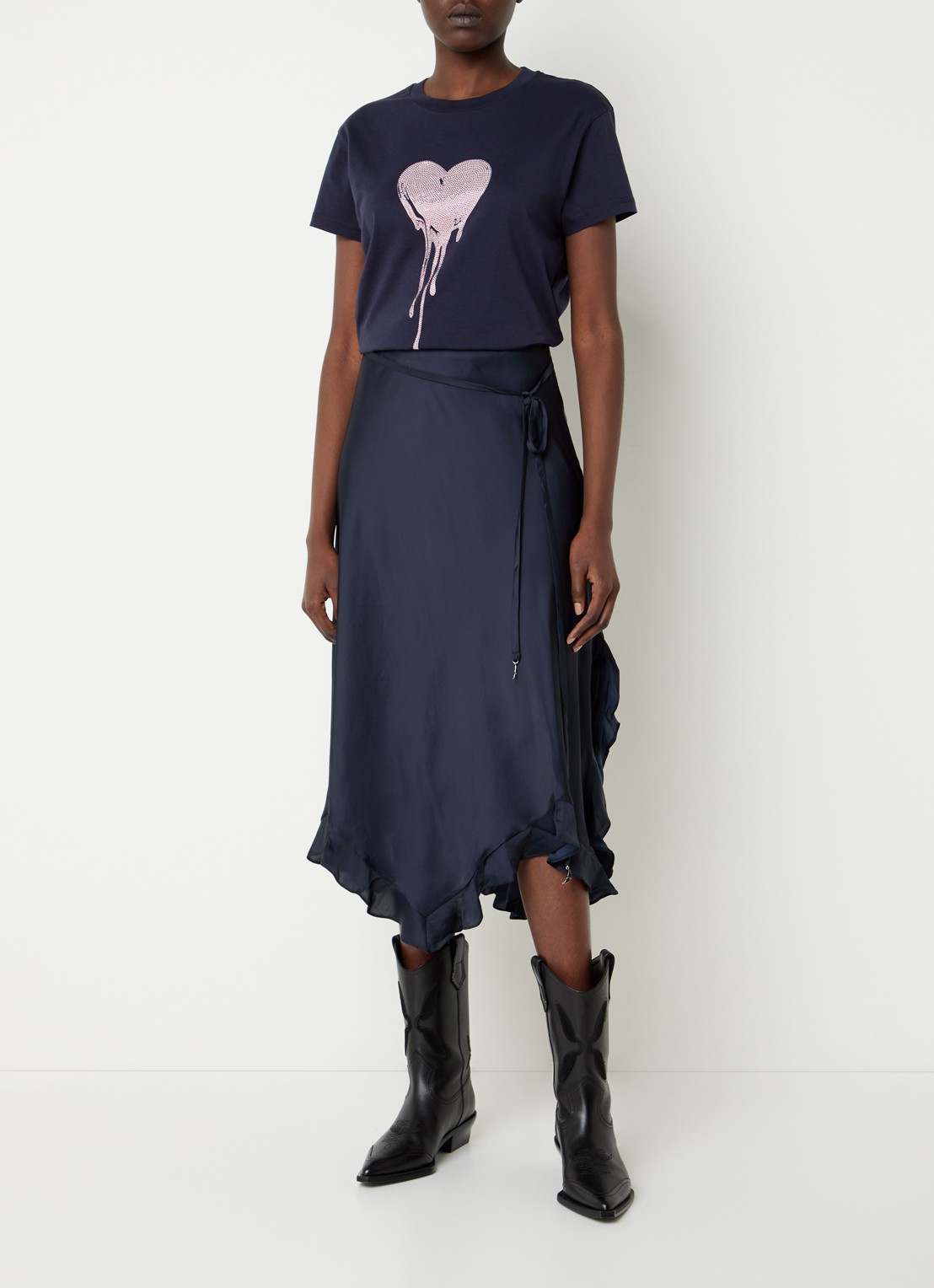 Zadig&Voltaire Jeto midi rok van satijn met asymmetrische zoom - voorkant 4 donkerblauw