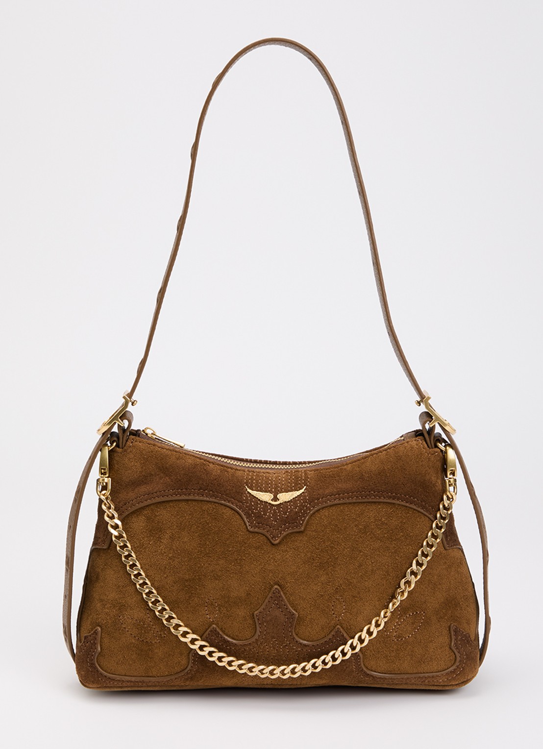 Zadig&Voltaire Jim Mini crossbodytas van suède met afneembare schouderriem - voorkant 5 cognac