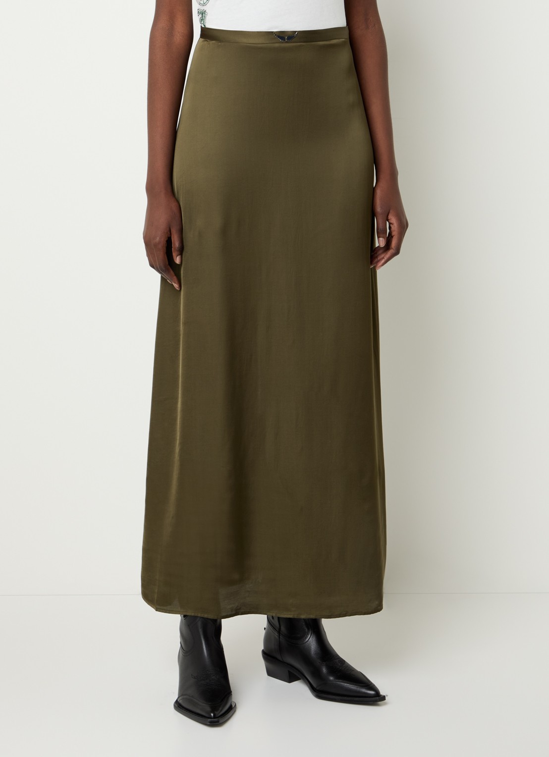 Zadig&Voltaire Jimeno maxi rok van satijn met split - detail mosgroen