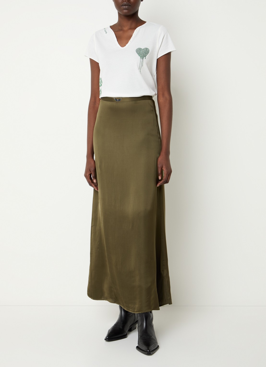 Zadig&Voltaire Jimeno maxi rok van satijn met split - voorkant 3 mosgroen