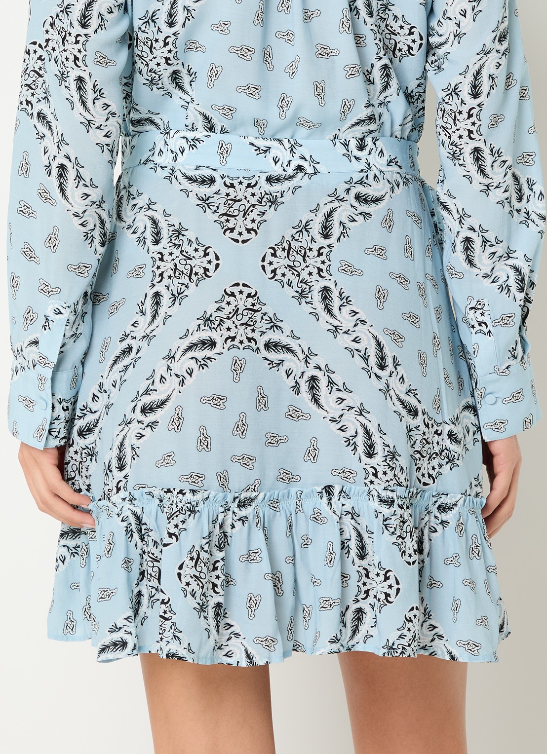 Zadig&Voltaire Jupiter mini rok met volant en paisley dessin - achterkant lichtblauw