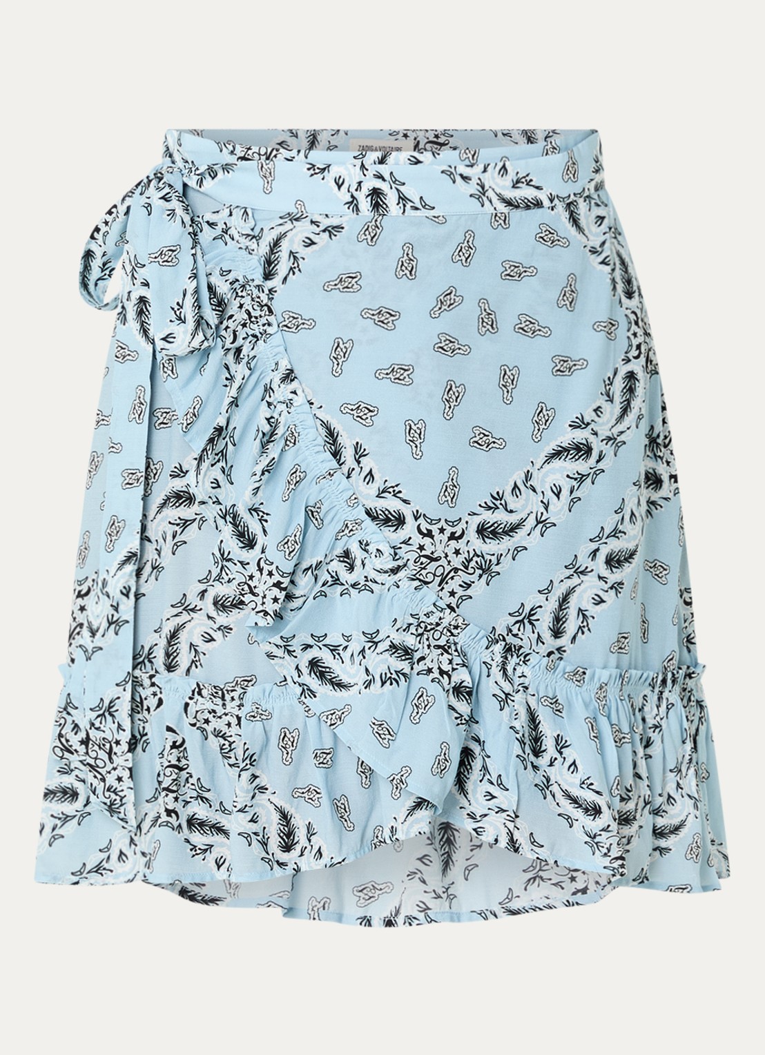 Zadig&Voltaire Jupiter minirok met volant en paisley dessin - voorkant lichtblauw