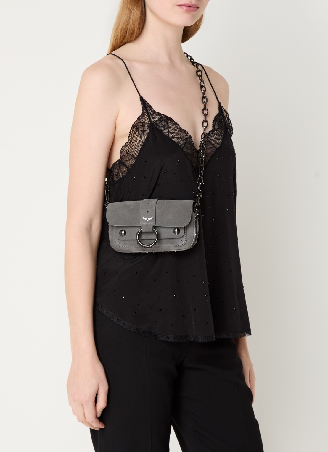 Zadig&Voltaire Kate clutch van kalfssuède met afneembare schouderriem - voorkant 3 grijs