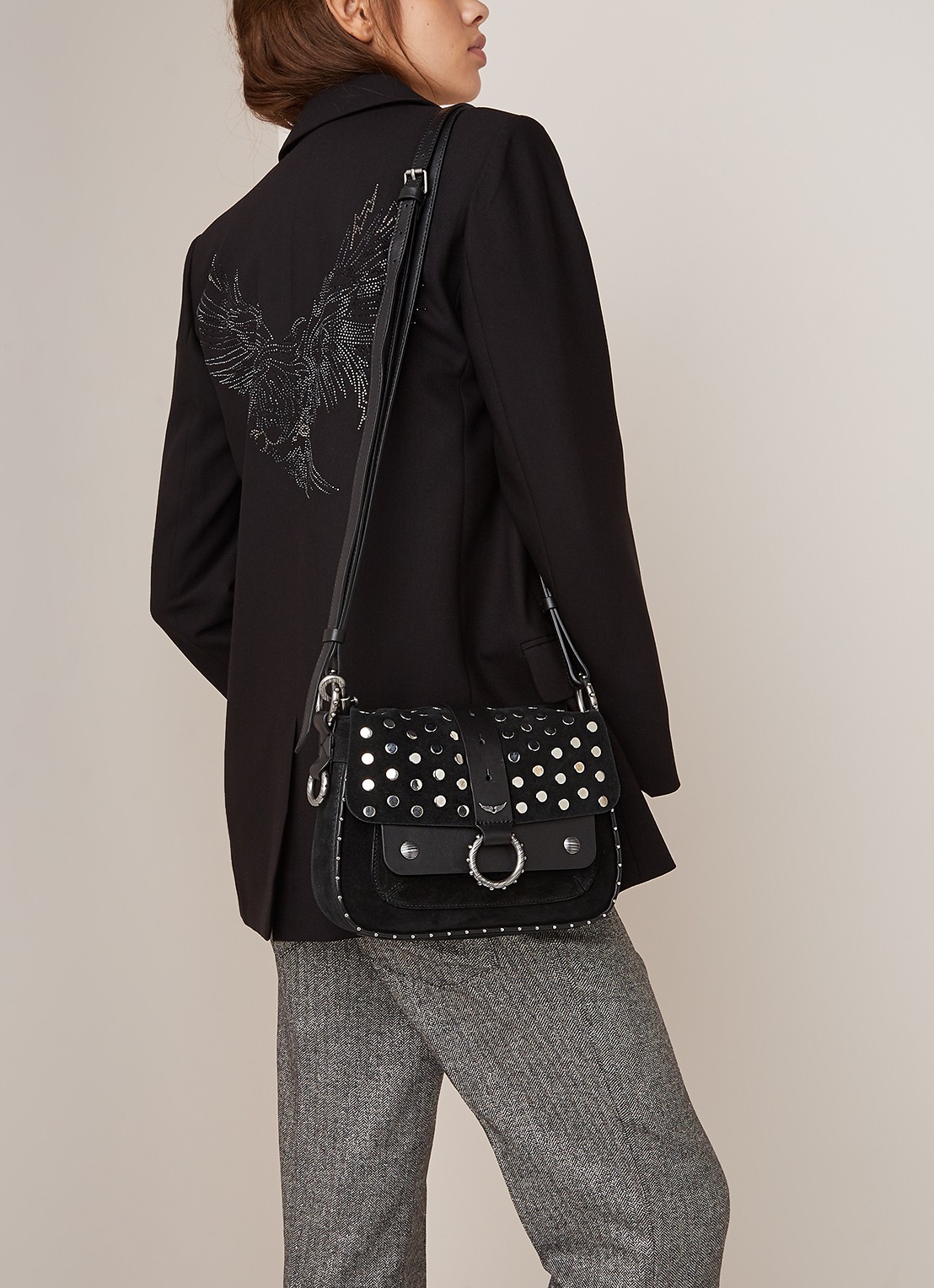 Zadig&Voltaire Kate crossbodytas van kalfssuède met studs - voorkant 2 zwart