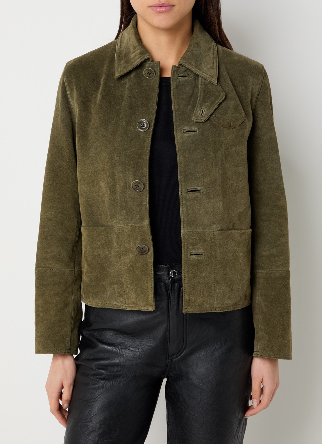 Zadig&Voltaire Lessa jack van suède met steekzakken - detail 4 bronsgroen