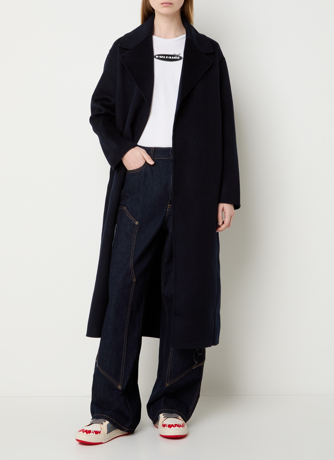 Zadig&Voltaire Meli mantel in wolblend met strikceintuur - voorkant 4 donkerblauw