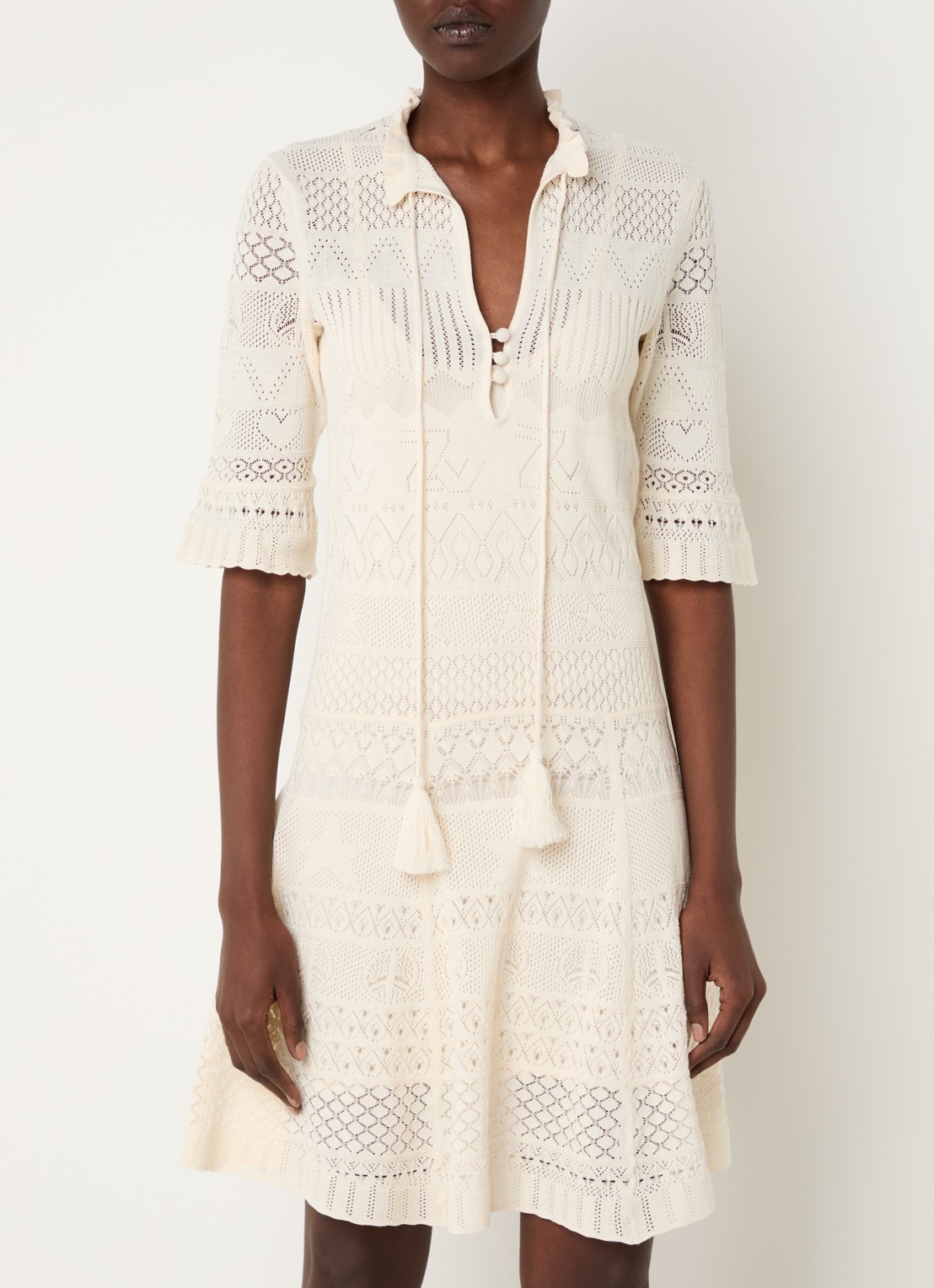 Zadig&Voltaire Memphisa grofgebreide mini jurk met opengewerkt dessin - detail 3 creme
